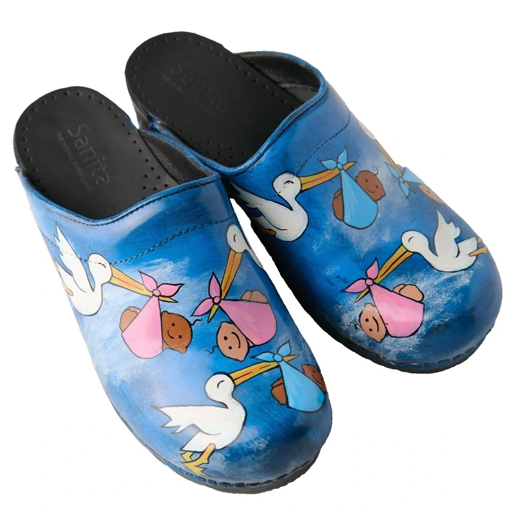 Sanita Hand Painted Stork Baby Clogs Sz 37 EU Nurse RN Midwife Shoes Denmark - Picture 2 of 15